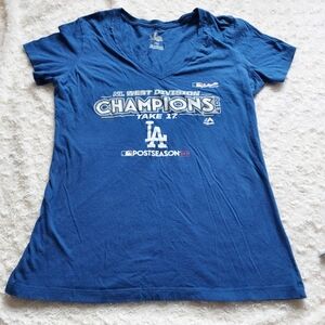 Majestic Royal Blue LA Dodgers Baseball V-Neck Tee NLDS 2017 Champions